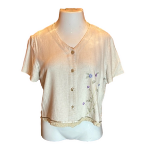 KATHIE LEE COLLECTION Cream Linen
Blend Button Down Short Sleeve Top Size M